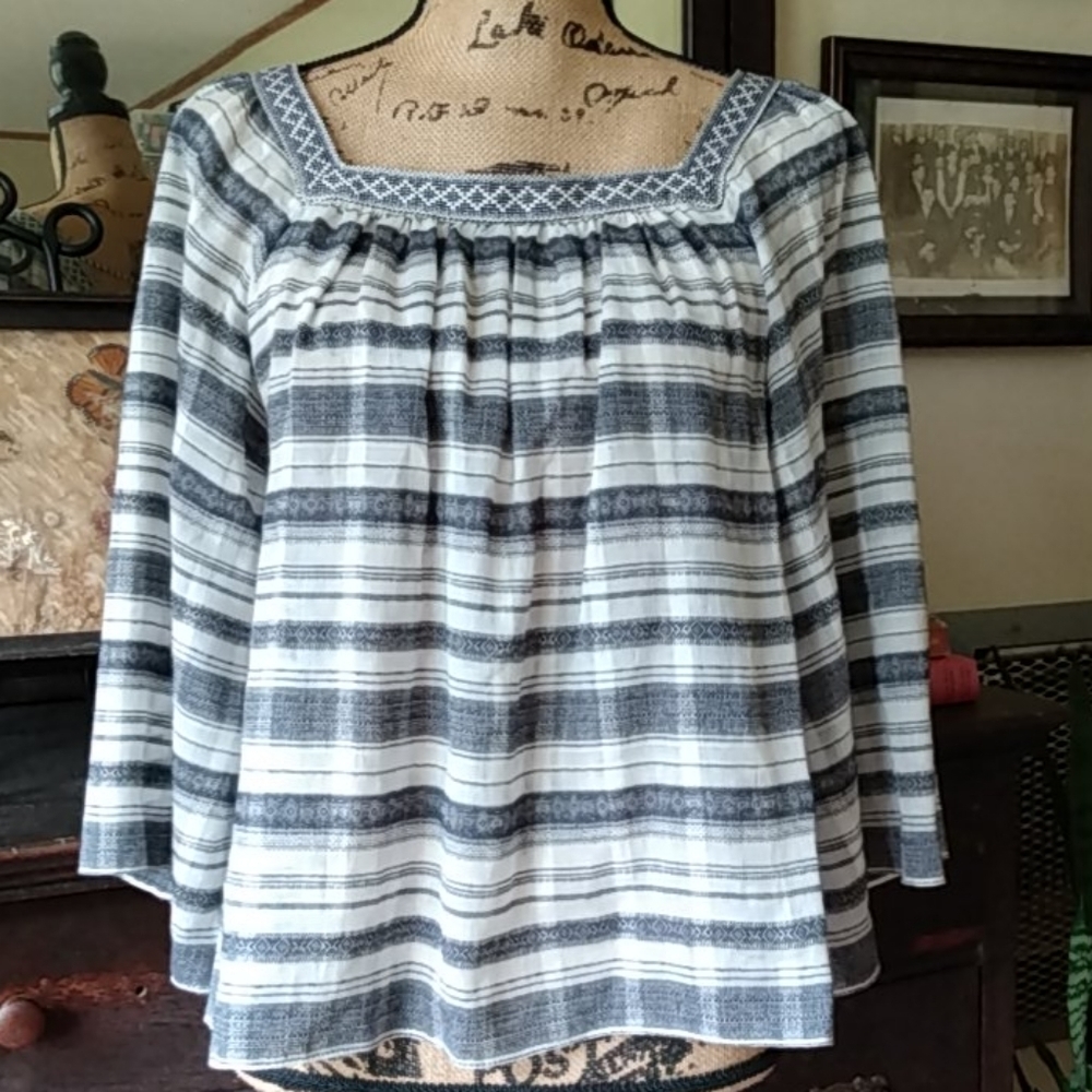 Chelsea & Violet Navy White Boho Bell Sleeve Top